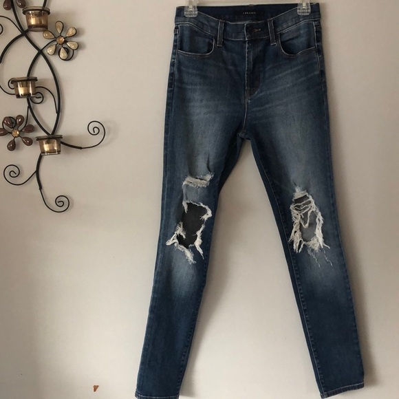 J Brand High Waisted Ankle Jean Destroyed Knee Blue Stretch Denim Size 27 Skinny - Picture 3 of 16